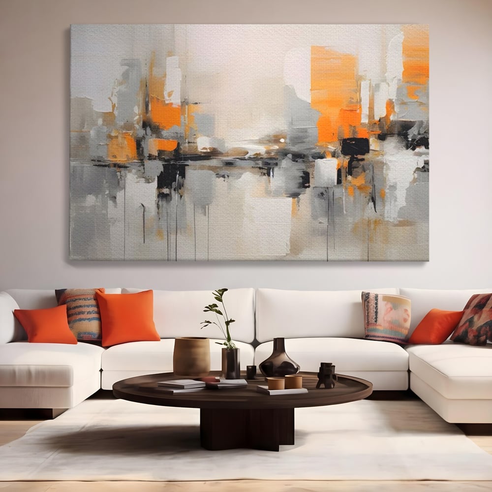 Tablou canvas cu pictura abstracta cu reflexii urbane, fara rama, pe sasiu de lemn, pe perete intr-un living